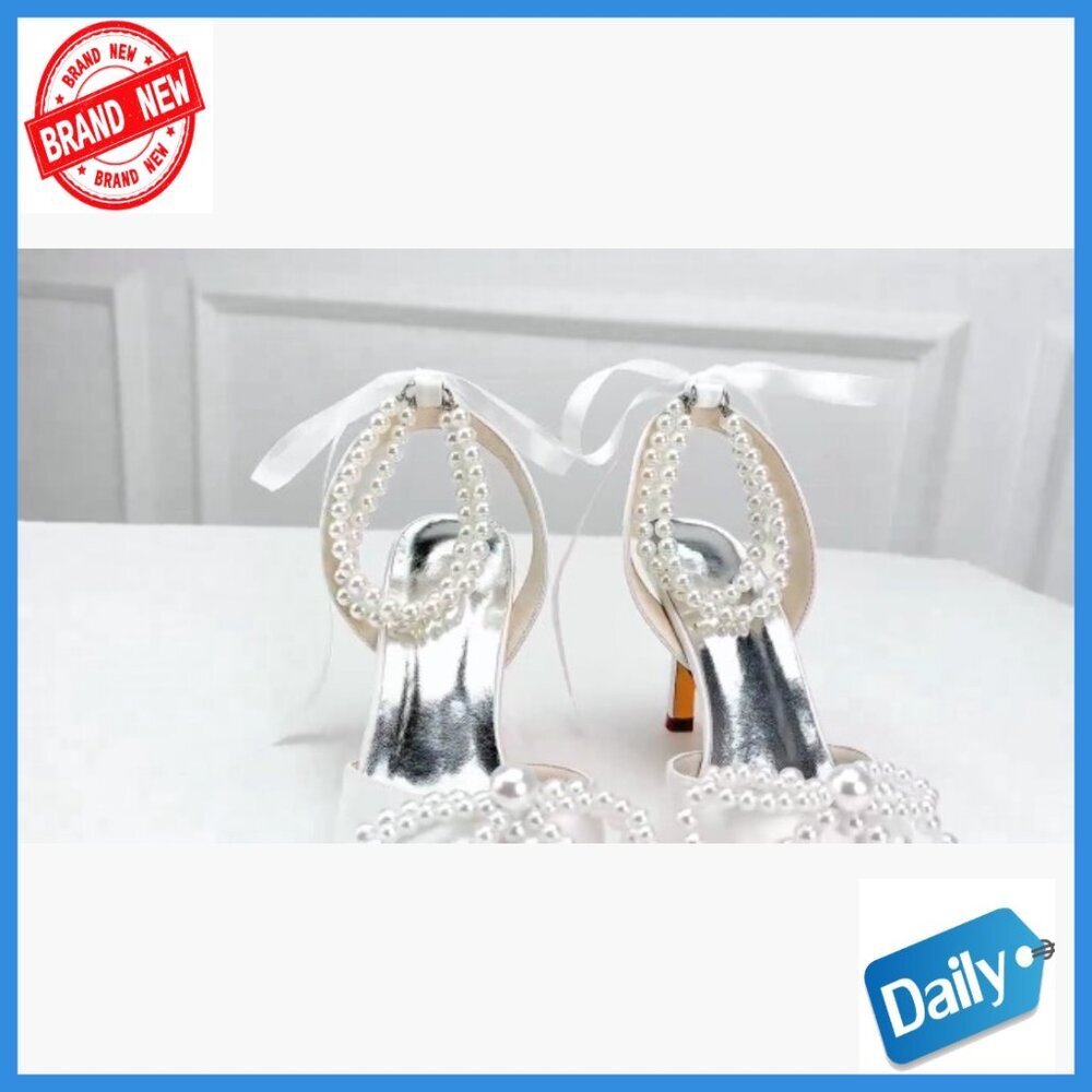 Satin Slingback Heels with Pearl Bow Wedding Bridal Shoes Size 5-11 - Picture 6 of 6